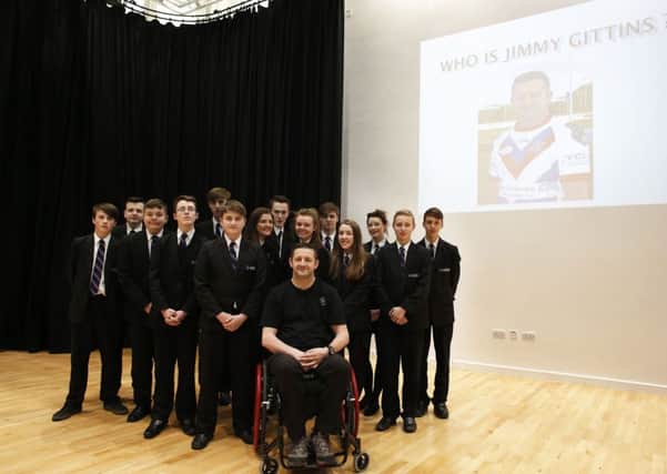 Former rugby star Jimmy Gittins, who learned to walk again after breaking his neck in two places after a tackle went wrong, giving an inspirational talk at Outwood Grange Academy