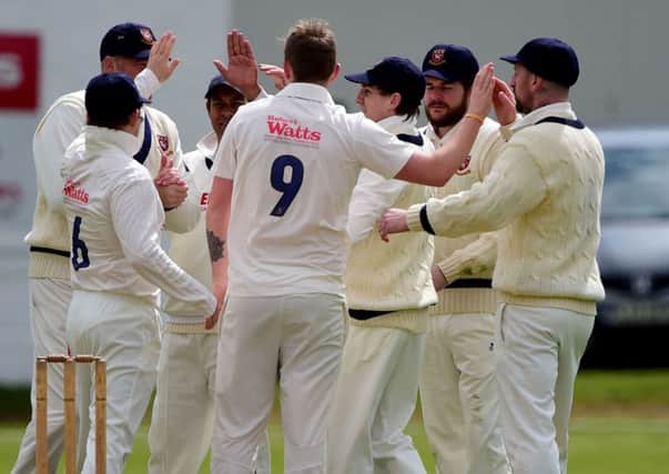 Cleckheaton players celebrate the wicket of Morleys James McNichol in last Saturdays Bradford League Premier Division game.