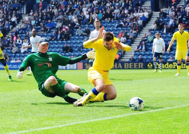 Preston's Chris Kirkland brings down Leeds United's Luke Murphy for a penalty.  Picture: Jonathan Gawthorpe