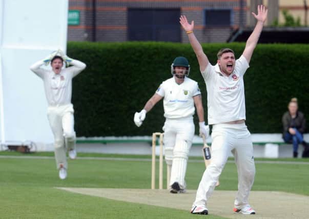 New Farnley batsman Mark Lawson survives an lbw appeal from Cleckheatons Curtis Free in Sarurdays Bradford Premier League clash. Pics: Steve Riding