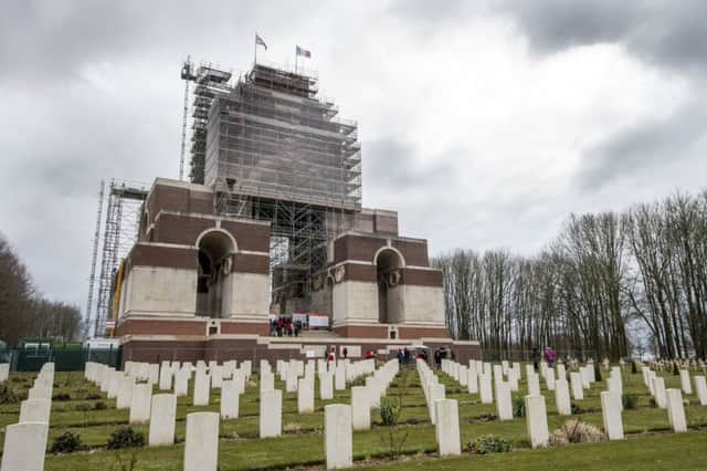 One hundred years since  The Battle of the Somme:  The Thiepval Memorial reminds visitors of the sacrifice made with lists of troops in regiment order. The monument is undergoing maintenance work ahead of July's centenary service. picture mike cowling march 20 2016