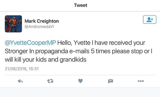 A tweeted death threat against Labour MP Yvette Cooper's children and grandchildren.