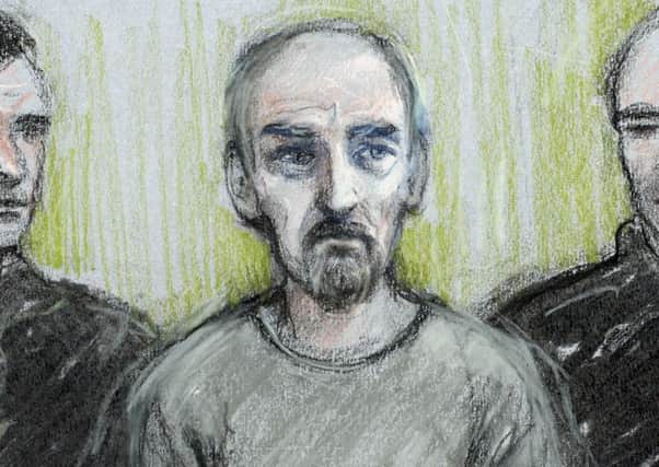 Court sketch by Elizabeth Cook of Thomas Mair, 52, in the dock at Westminster Magistrates' Court