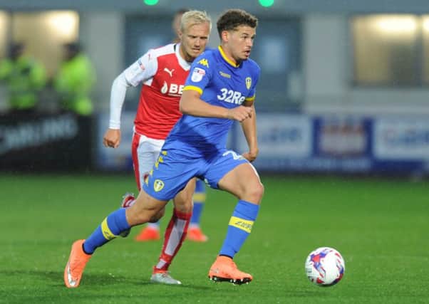 Leeds United's Kalvin Phillips takes on David Ball in Leeds United's EFL Cup tie.  Picture: Tony Johnson