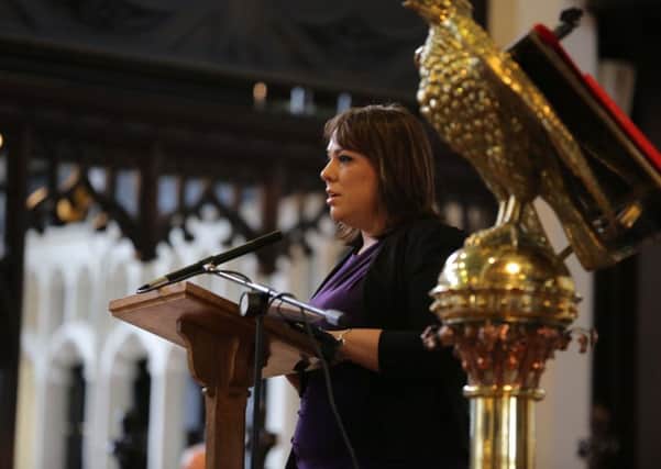 Paula Sherriff speaks in Huddersfield St. Peters Parish Church, for a service held in memory of murdered MP Jo Cox.