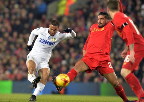 Kemar Roofe fires in a shot for Leeds United at Liverpool. Picture Bruce Rollinson