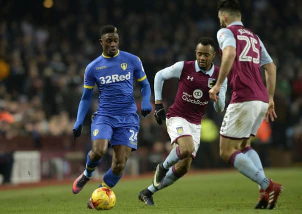 Hadi Sacko attacks Jordan Ayew in Leeds United's draw at Aston Villa.  Picture: Bruce Rollinson