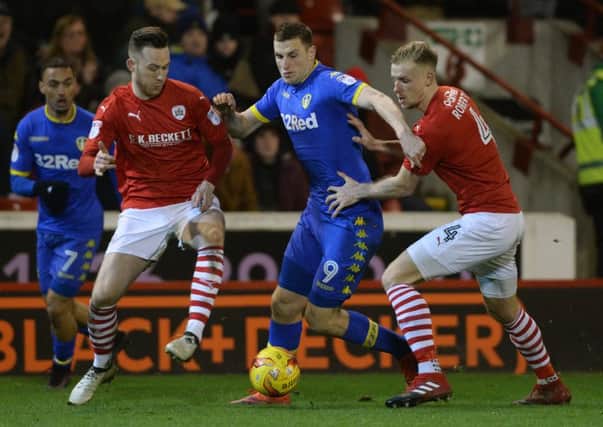 Chris Wood on the attack for Leeds United at Barnsley.