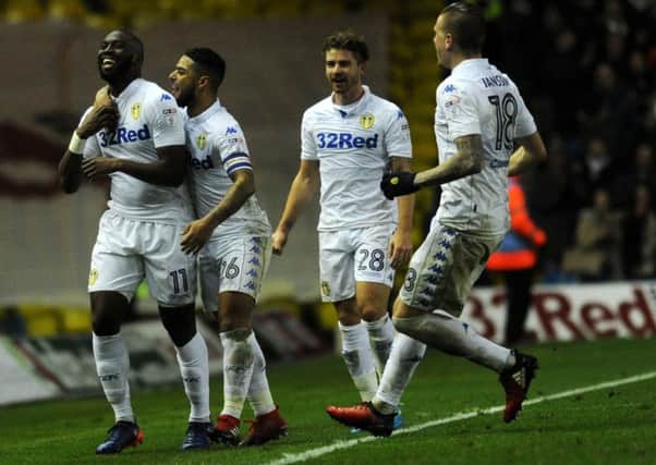 Leeds United players celebrate with Souleymane Doukara after his wonder strike against Nottingham Forest. Picture: Jonathan Gawthorpe