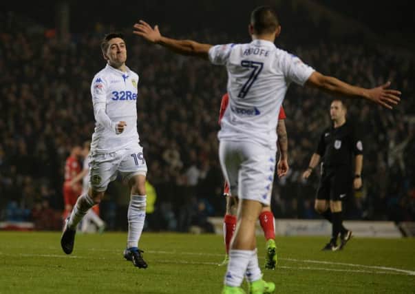 Pablo Hernandez celebrates scoring Leeds United's second goal with Kemar Roofe. Picture: Bruce Rollinson