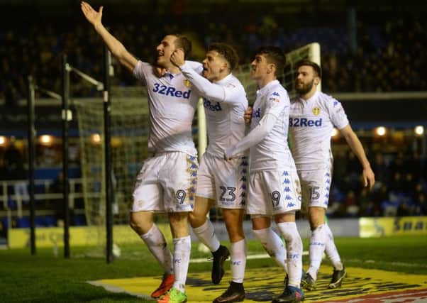 Chris Wood celebrates his second goal at Birmingham with team-mates.  Picture: Bruce Rollinson
