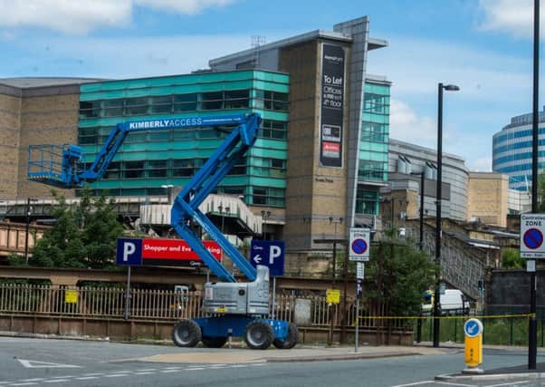 Date: 23rd May 2017.
Manchester Arena terriost attack during the Ariana Grande concert. Pictured A view towards  Manchester Arena, showing the staircase where people where forced to leave out of the MEN after the incident.