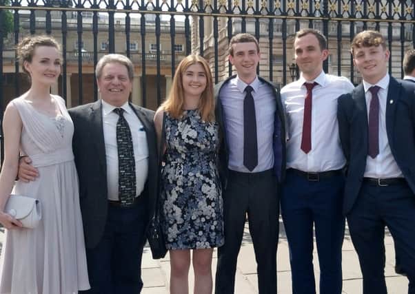 PALACE PICTURE: The four cadets are pictured with Squadron Commander Flt Lt Peter Doubell and Civilian Instructor Kieran Parkin (Emmas brother), who is also a DofE Gold Award holder.