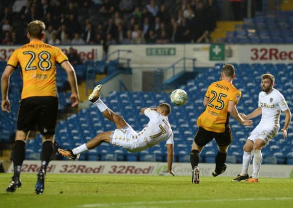 Kemar Roofe scores his third goal for Leeds United against Newport County with an overhead kick. Picture: Bruce Rollinson