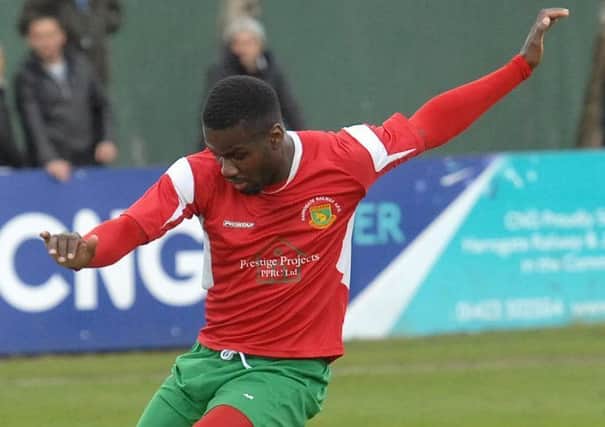 Roy Fogarty, pictured playing for Harrogate Railway, struck twice in the latter stages as Liversedge defeated Ramsbottom United 3-2 to reach the FA Cup first qualifying round last Saturday.