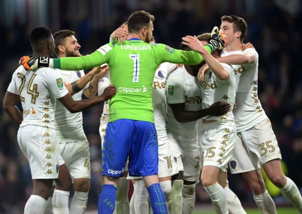 Leeds United players celebrate beating Burnley in a penalty shoot-out in the Carabao Cup. Picture: Bruce Rollinson