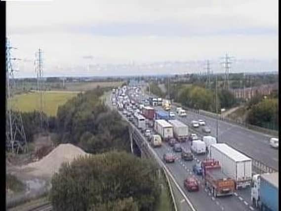 Traffic building up on the M62 eastbound near Leeds following the crash. Picture: Highways Agency/Crown