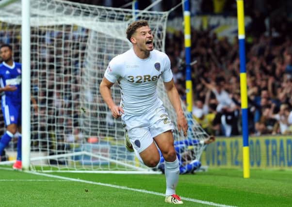 Kalvin Phillips celebrates his goal for Leeds United against Ipswich. Picture: Simon Hulme