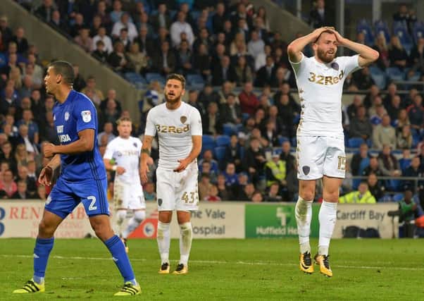 Stuart Dallas reacts to missing the target for Leeds United at Cardiff City. Picture: Bruce Rollinson