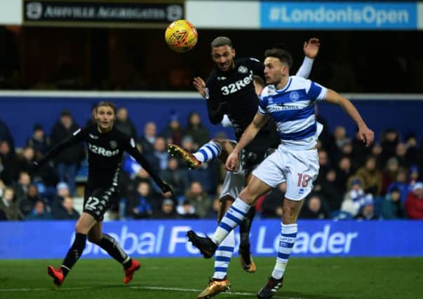 Keear Roofe heads in Leeds United's first goal at Queens Park Rangers v. Picture: Bruce Rollinson