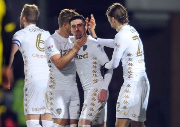 Leeds United players celebrate Pablo Hernandez's goal against Burton Albion. Picture: Tony Johnson.
