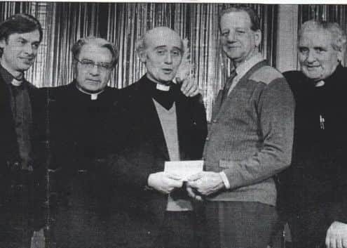 Happy days at St Thomas More Church: Fr Peter Nealon, Fr Andrew Daley, Fr John Leonard, Tommy Frain and Fr Duffy at a church reunion some 25 years ago. The four priests served at the church at various periods in its history.
