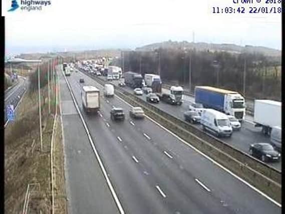 Traffic building up on the M62 westbound carriageway. Picture: Crown 2018