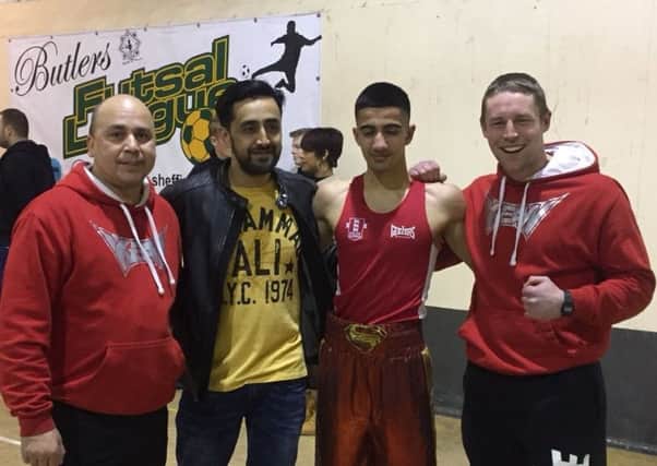Mohammed Subhaan with his KBW coaches following his Yorkshire Championship victory over Callum Grace. The Dewsbury boxer now moves into the  pre quarter-final stage of the national championships.