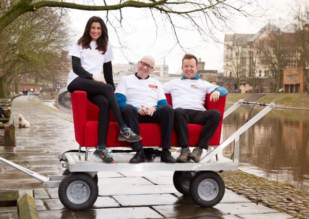 Amy Garcia, Harry Gration and Paul Hudson will travel around Yorkshire on an adapted sofa for Sport Relief.