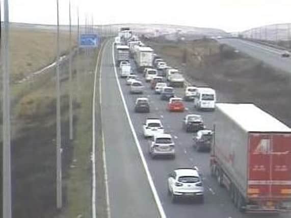 Traffic queuing on the westbound carriageway of the M62. Picture: Crown 2018