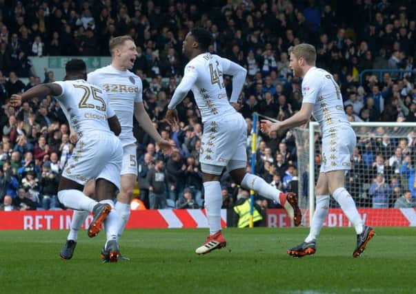 Caleb Ekuban celebrates his goal against Bolton with Leeds United team-mates. Picture: Bruce Rollinson