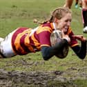 Caitlin Beevers dives over for Dewsbury Moor's first try in their Challenge Cup final against Wigan St Pats.