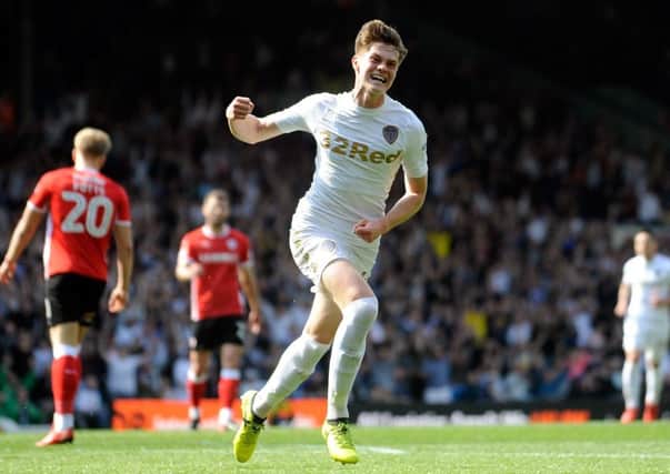 Tom Pearce celebrates scoring his first goal for Leeds United. Picture: Simon Hulme