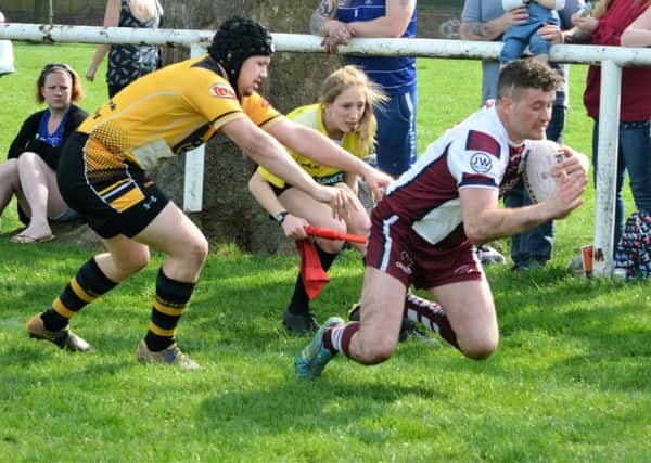Joss Ratcliffe dives in at the corner as Thornhill Trojans secured a dramatic victory over Leigh Miners Rangers which saw them move top of National Conference League Division One. Picture: Dave Jewitt.